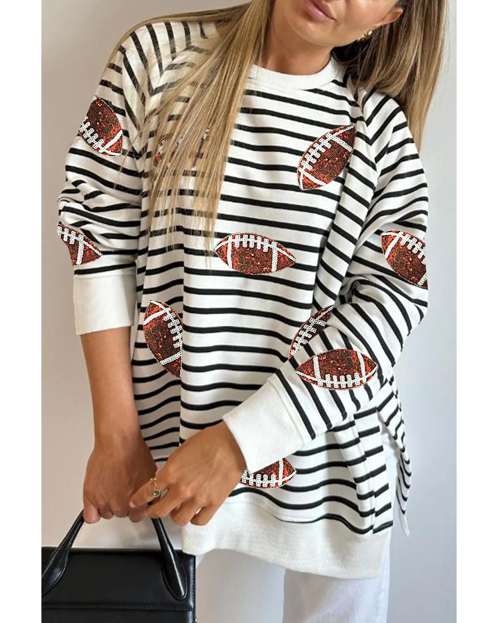 Black Stripe Sequin Rugby Football Side Slits Oversized Sweatshirt - Image 4