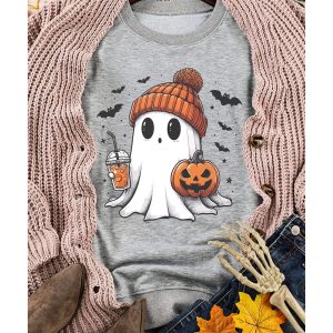 Gray Halloween Ghost Print Crewneck Drop Shoulder Sweatshirt
