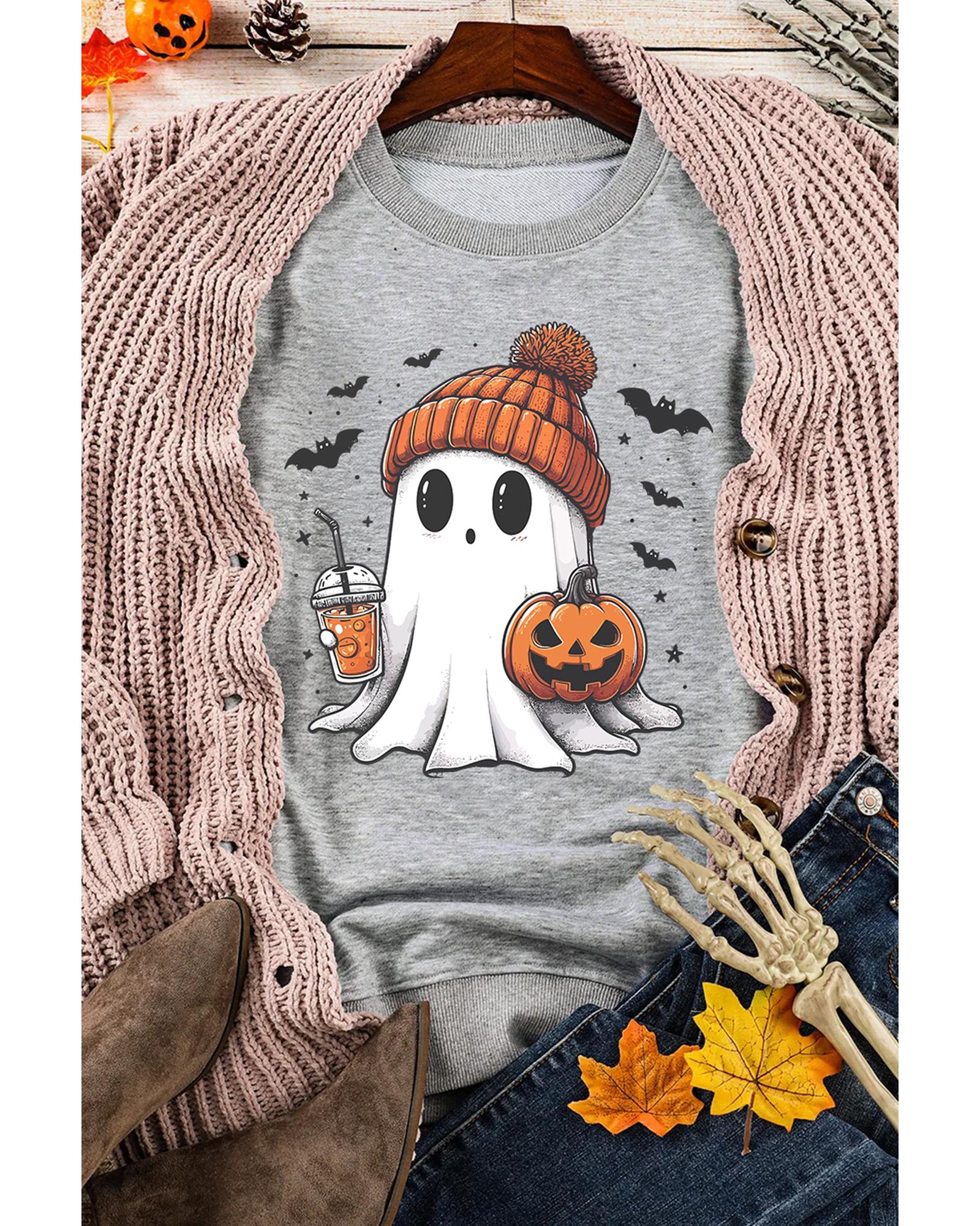 Gray Halloween Ghost Print Crewneck Drop Shoulder Sweatshirt