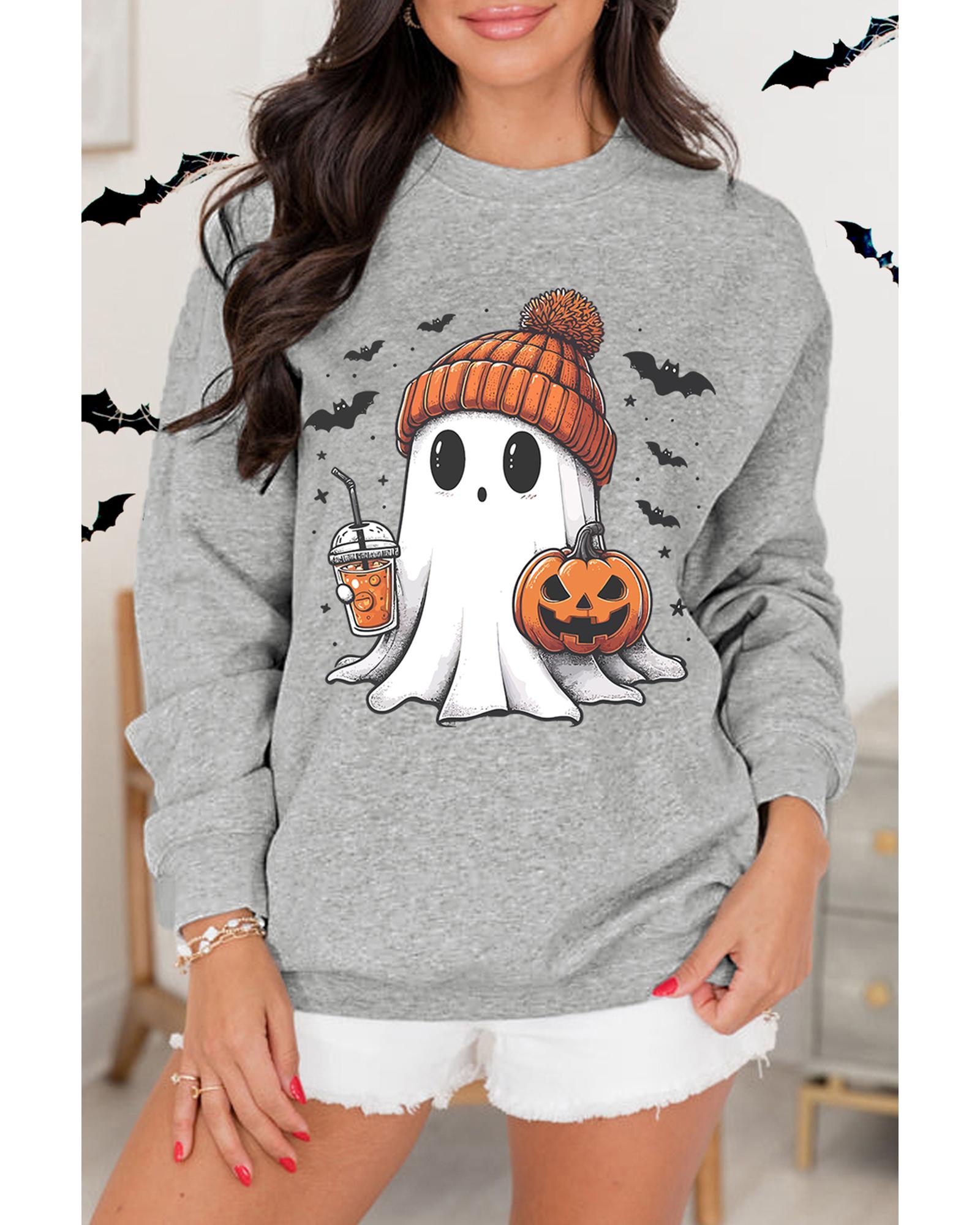 Gray Halloween Ghost Print Crewneck Drop Shoulder Sweatshirt - Image 4