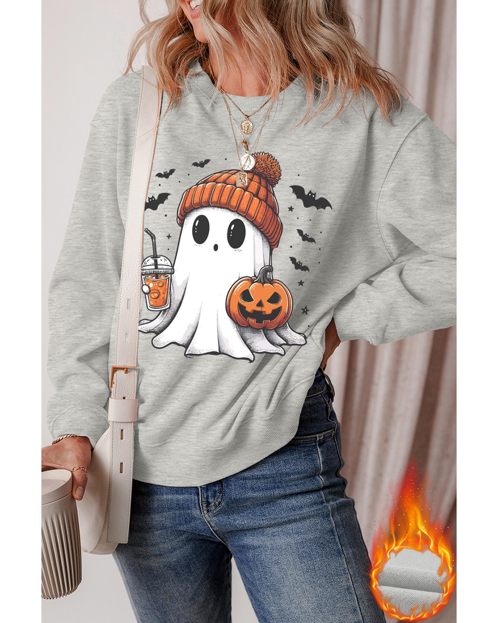 Gray Halloween Ghost Print Crewneck Drop Shoulder Sweatshirt - Image 5