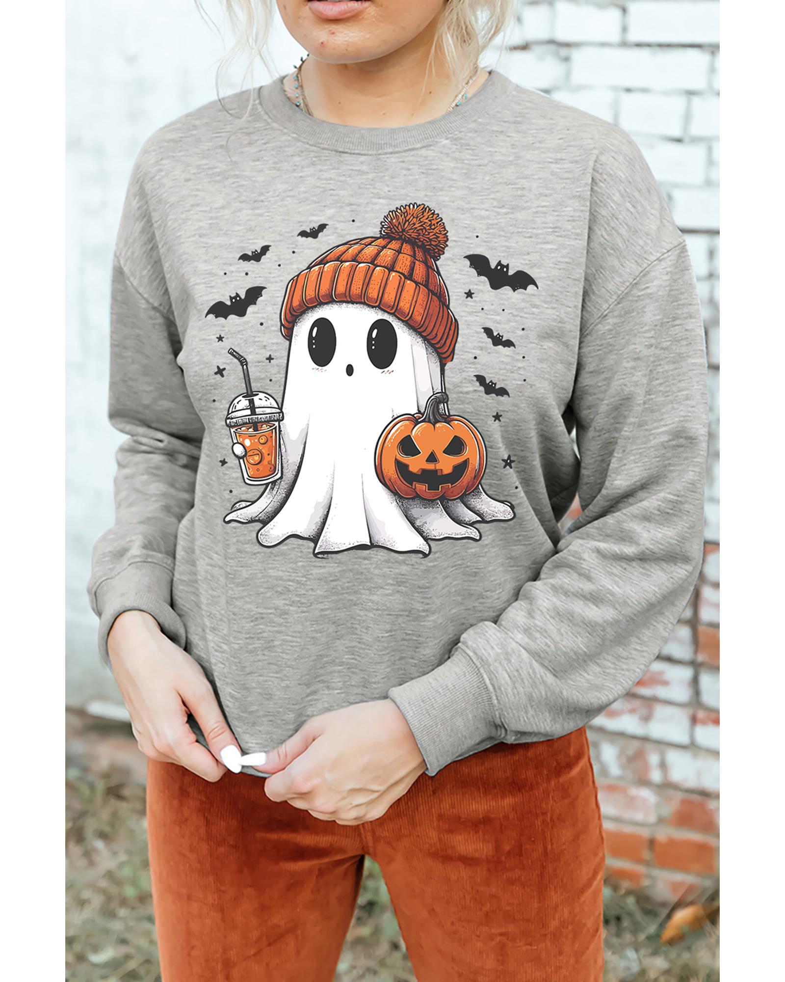Gray Halloween Ghost Print Crewneck Drop Shoulder Sweatshirt - Image 6