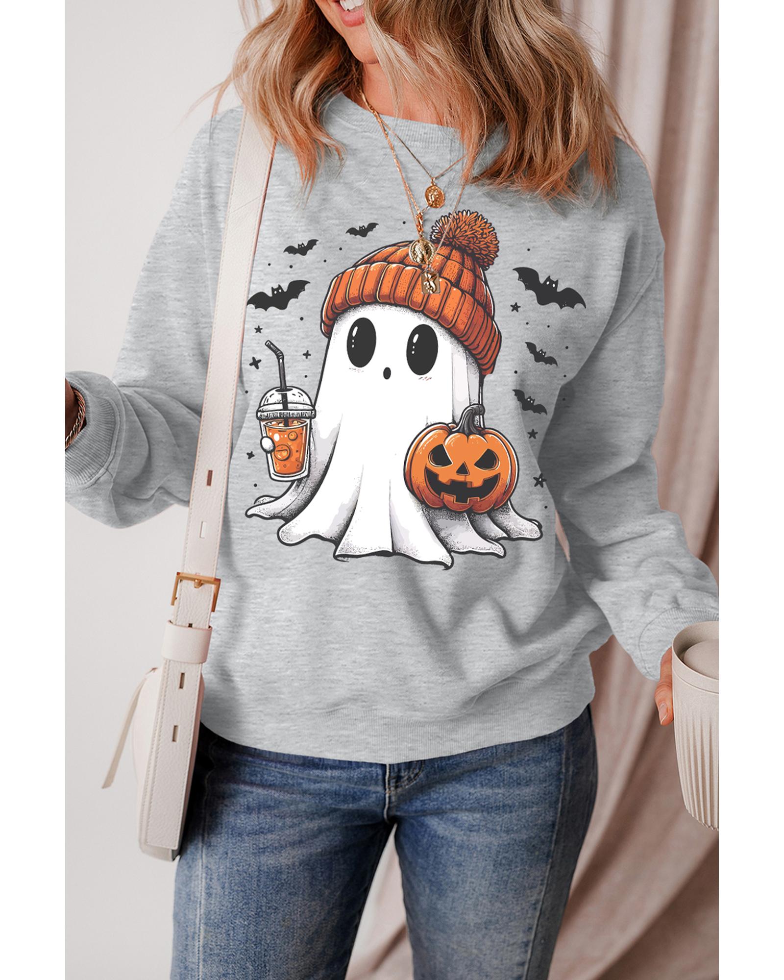 Gray Halloween Ghost Print Crewneck Drop Shoulder Sweatshirt - Image 7