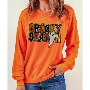 Russet Orange Sequin SPOOKY SEASON Ghost Pattern Halloween Pullover Sweatshirt