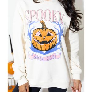Beige SPOOKY SOCIAL CLUB Halloween Pumpkin Face Graphic Sweatshirt