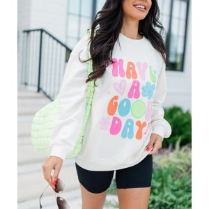 Beige HAVE A GOOD DAY Drop Shoulder Graphic Sweatshirt