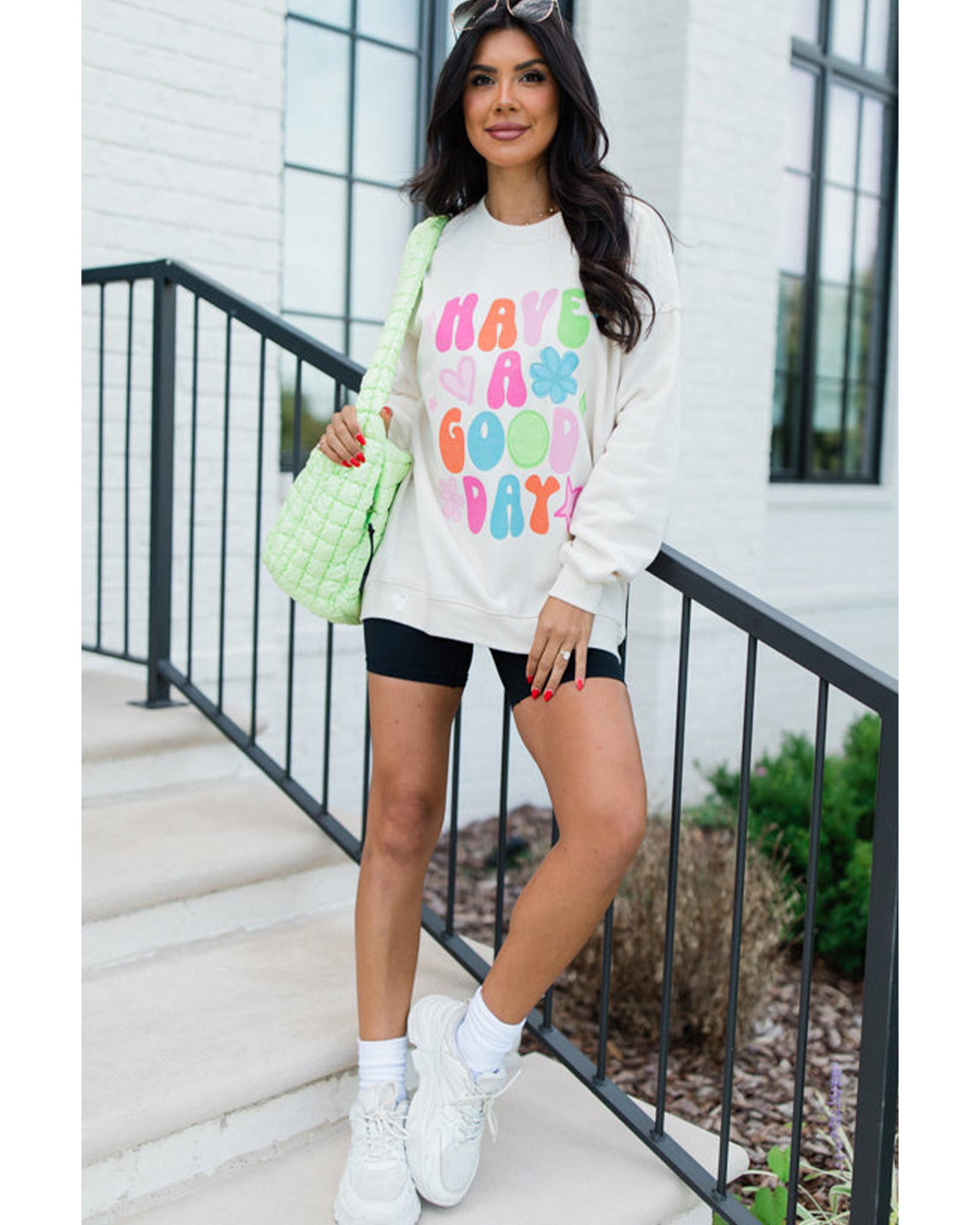 Beige HAVE A GOOD DAY Drop Shoulder Graphic Sweatshirt - Image 2