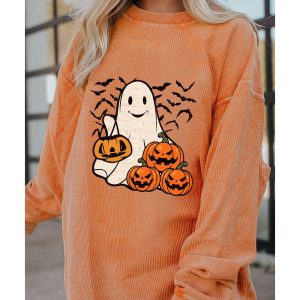 Orange Halloween Ghost Pumpkin Bat Print Corded Pullover Sweatshirt