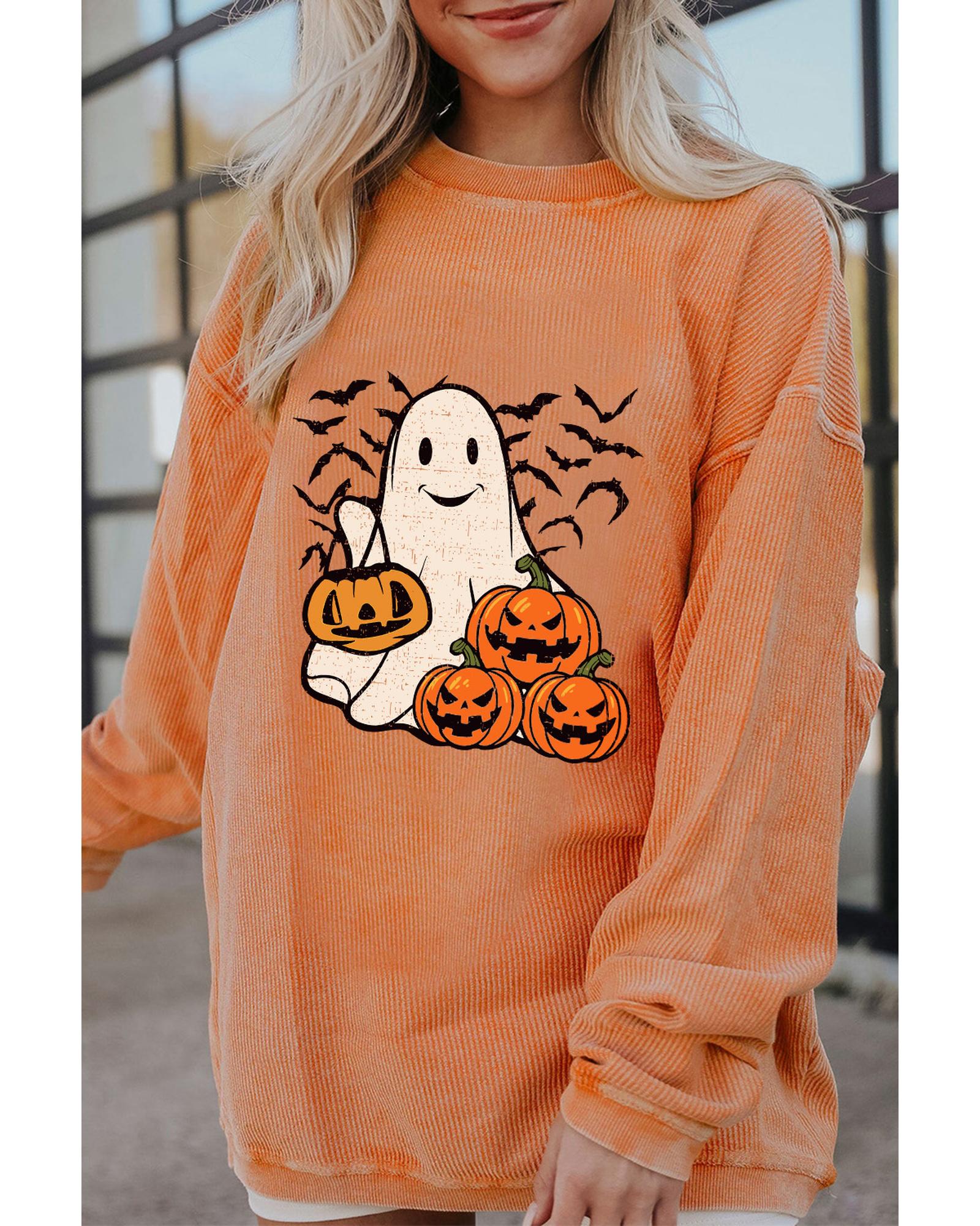 Orange Halloween Ghost Pumpkin Bat Print Corded Pullover Sweatshirt