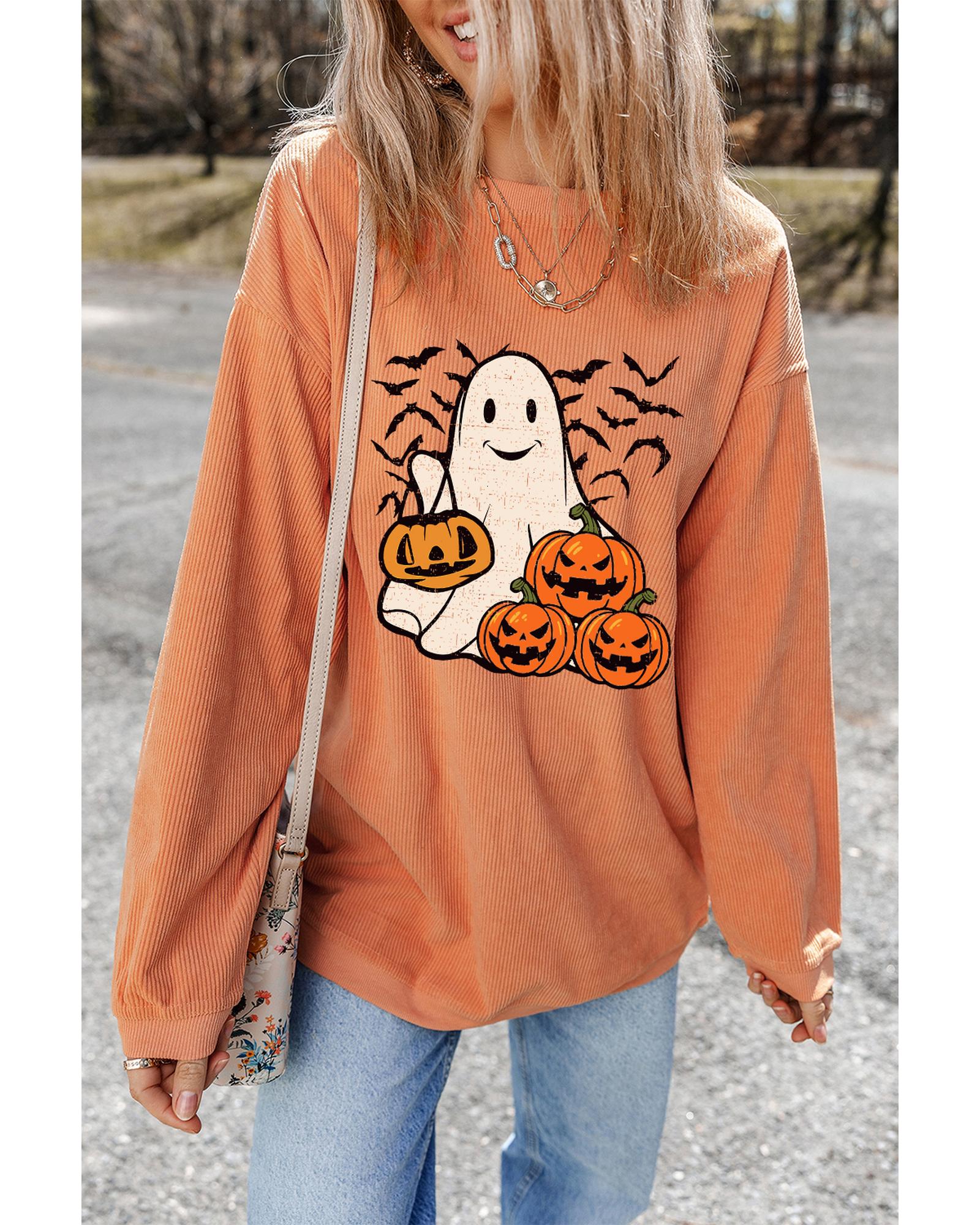 Orange Halloween Ghost Pumpkin Bat Print Corded Pullover Sweatshirt - Image 2