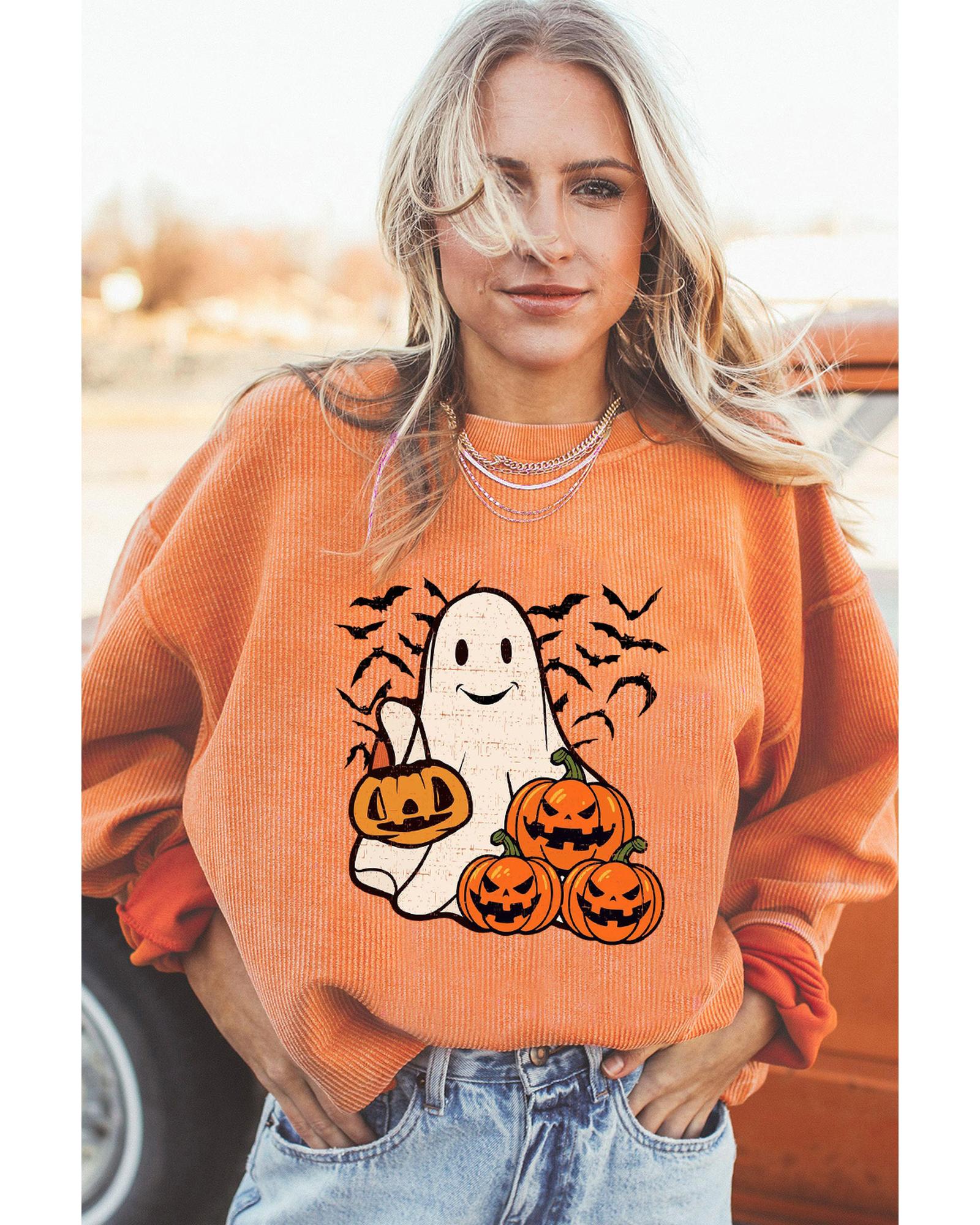 Orange Halloween Ghost Pumpkin Bat Print Corded Pullover Sweatshirt - Image 3