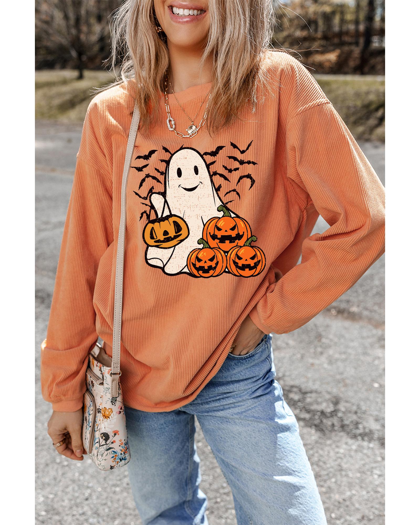 Orange Halloween Ghost Pumpkin Bat Print Corded Pullover Sweatshirt - Image 4