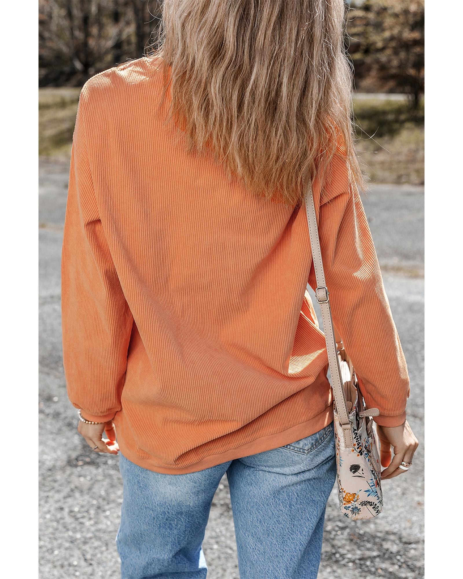 Orange Halloween Ghost Pumpkin Bat Print Corded Pullover Sweatshirt - Image 5