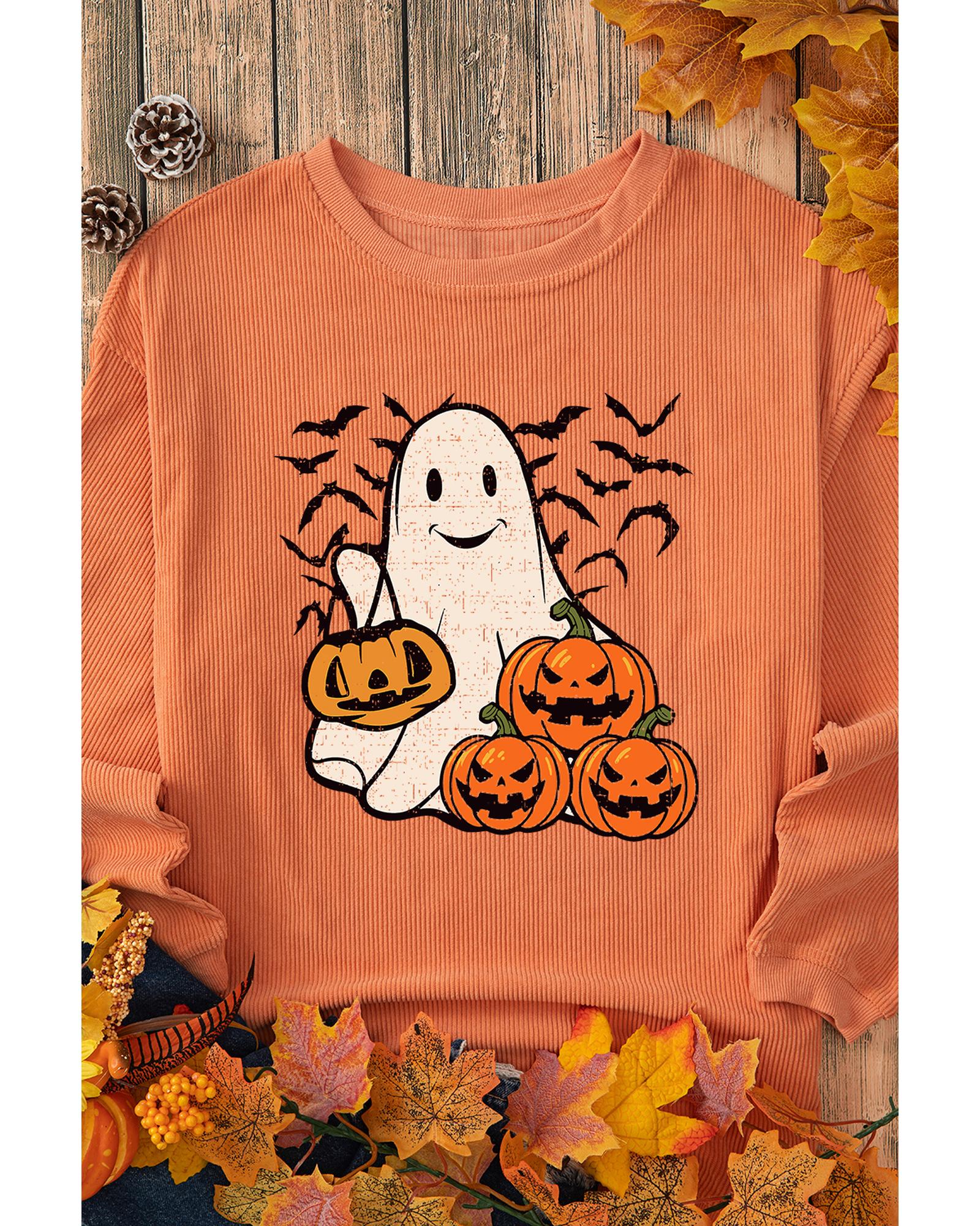 Orange Halloween Ghost Pumpkin Bat Print Corded Pullover Sweatshirt - Image 6