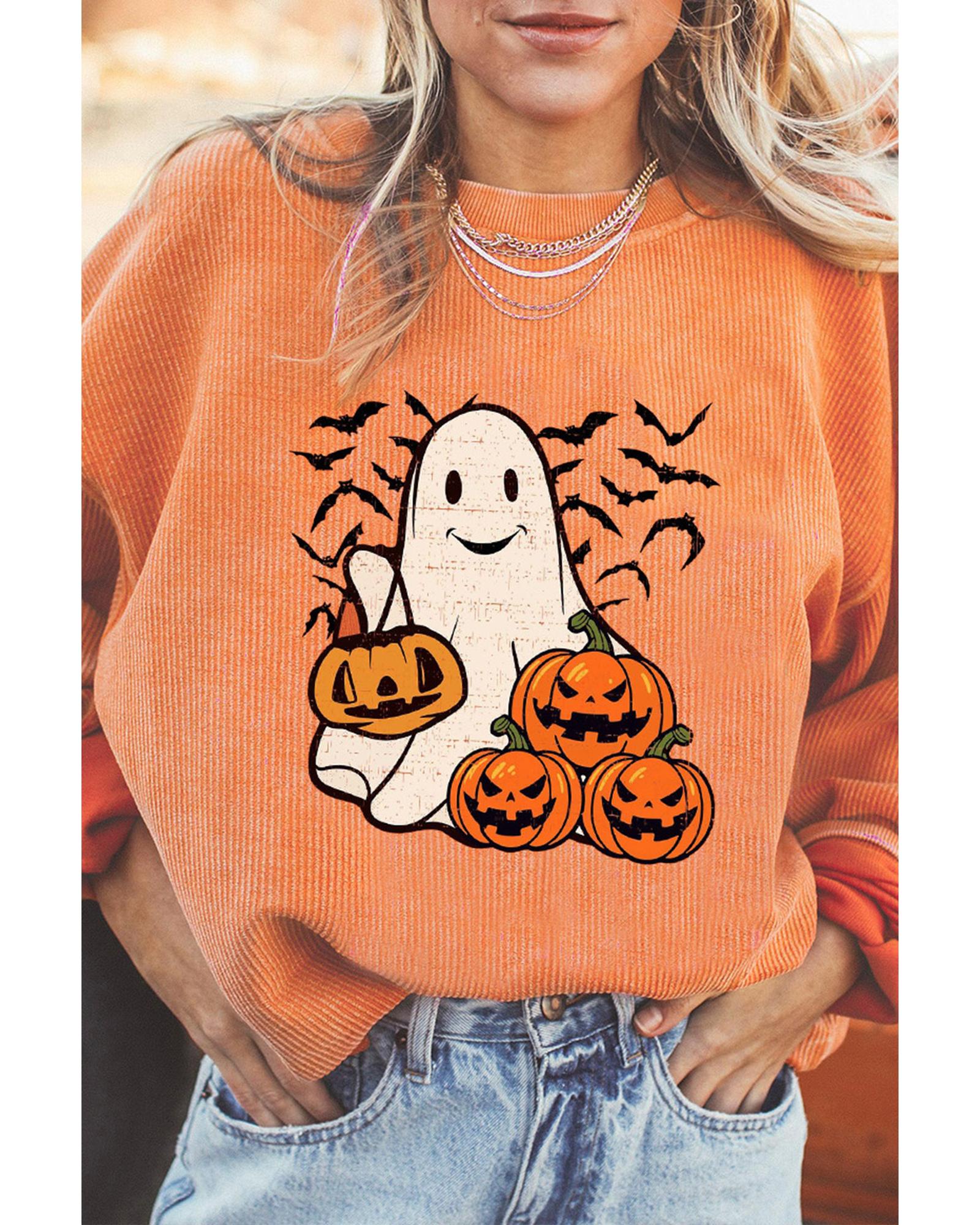 Orange Halloween Ghost Pumpkin Bat Print Corded Pullover Sweatshirt - Image 7