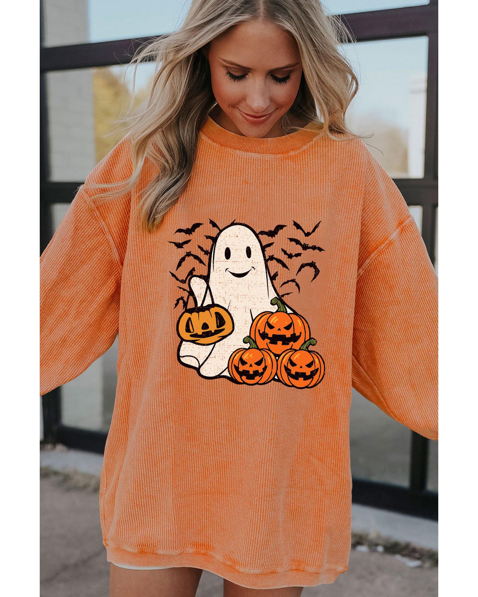 Orange Halloween Ghost Pumpkin Bat Print Corded Pullover Sweatshirt - Image 8