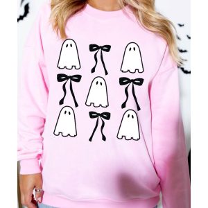 Pink Ghost Bowknot Printed Drop Shoulder Halloween Sweatshirt
