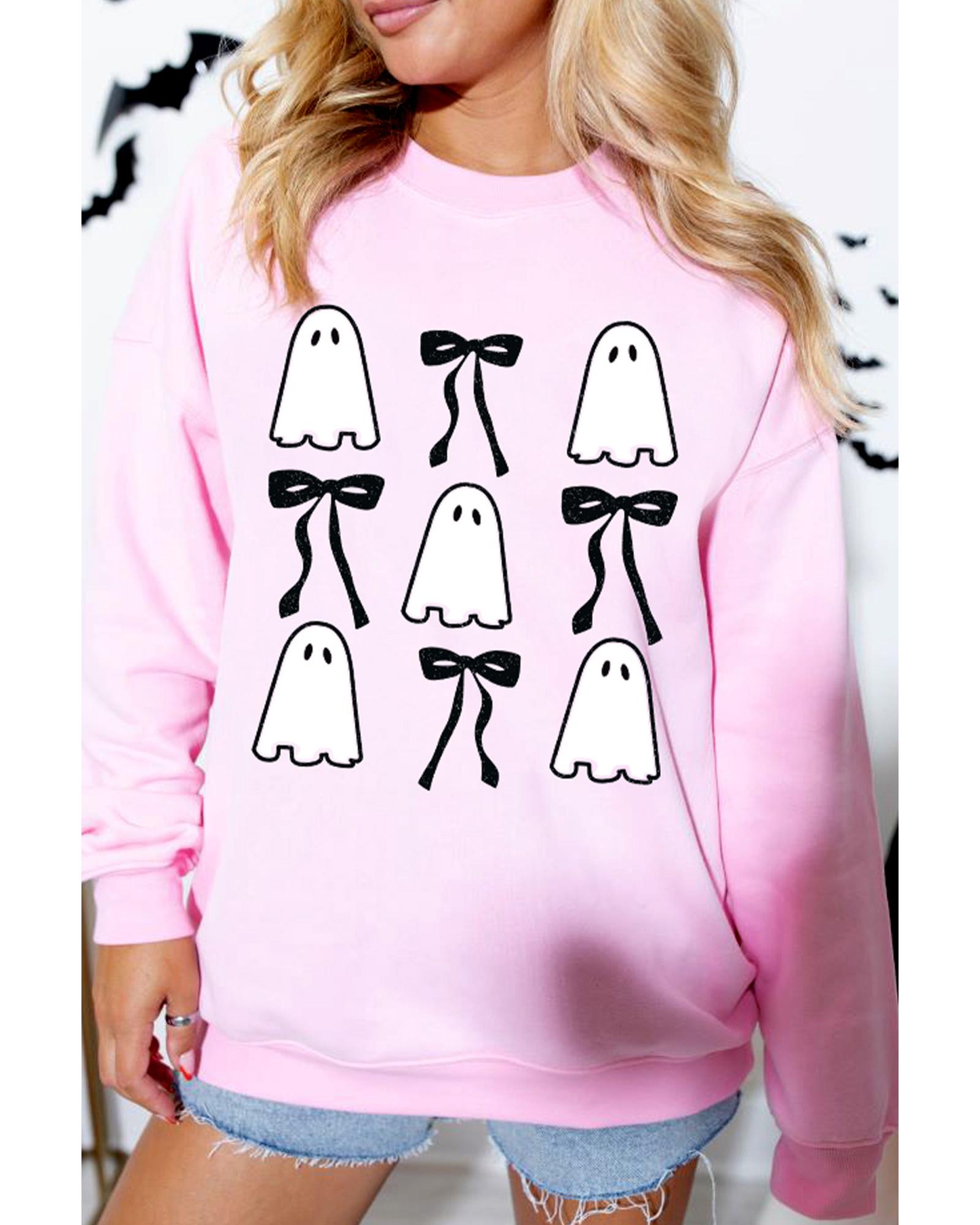 Pink Ghost Bowknot Printed Drop Shoulder Halloween Sweatshirt