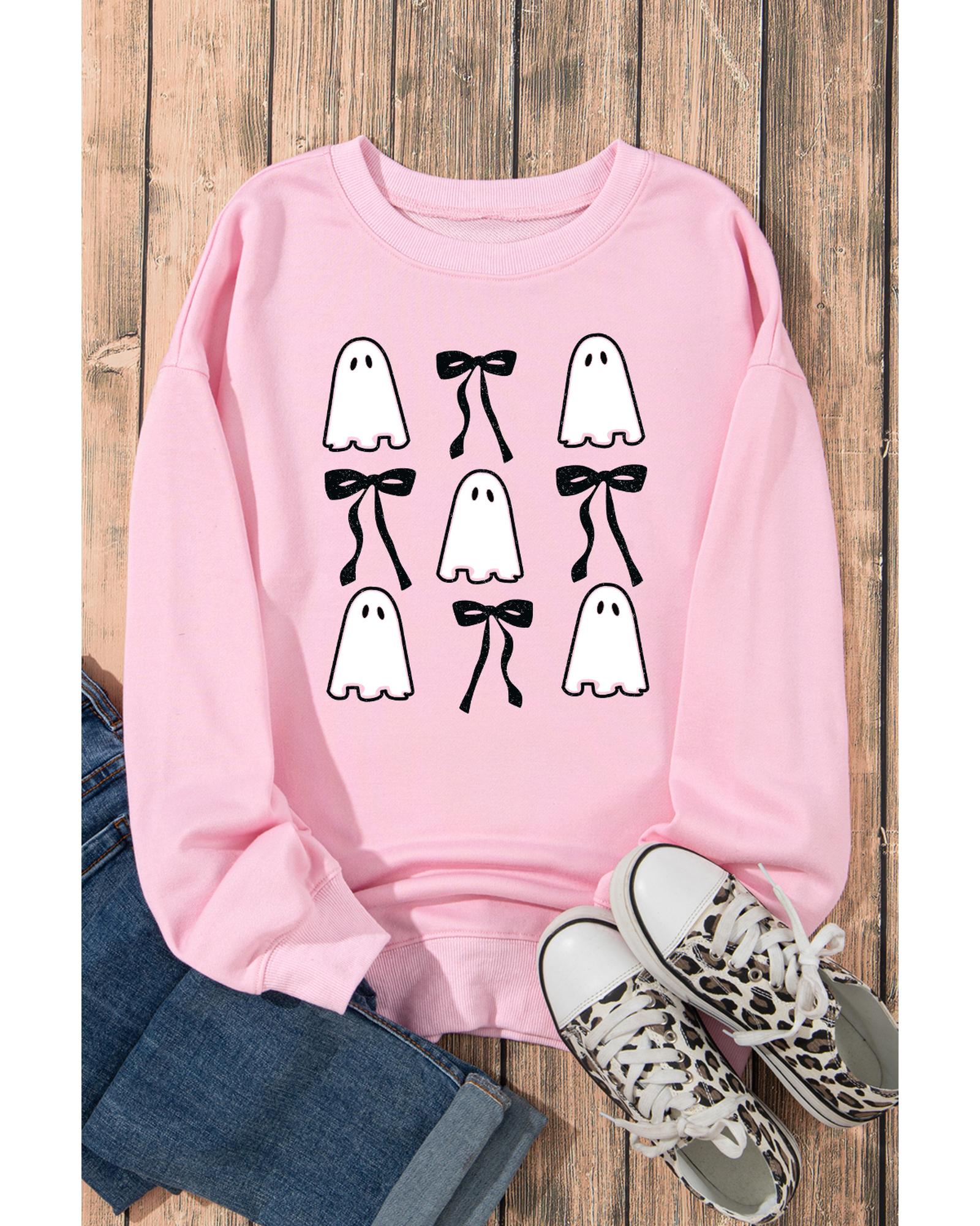 Pink Ghost Bowknot Printed Drop Shoulder Halloween Sweatshirt - Image 2