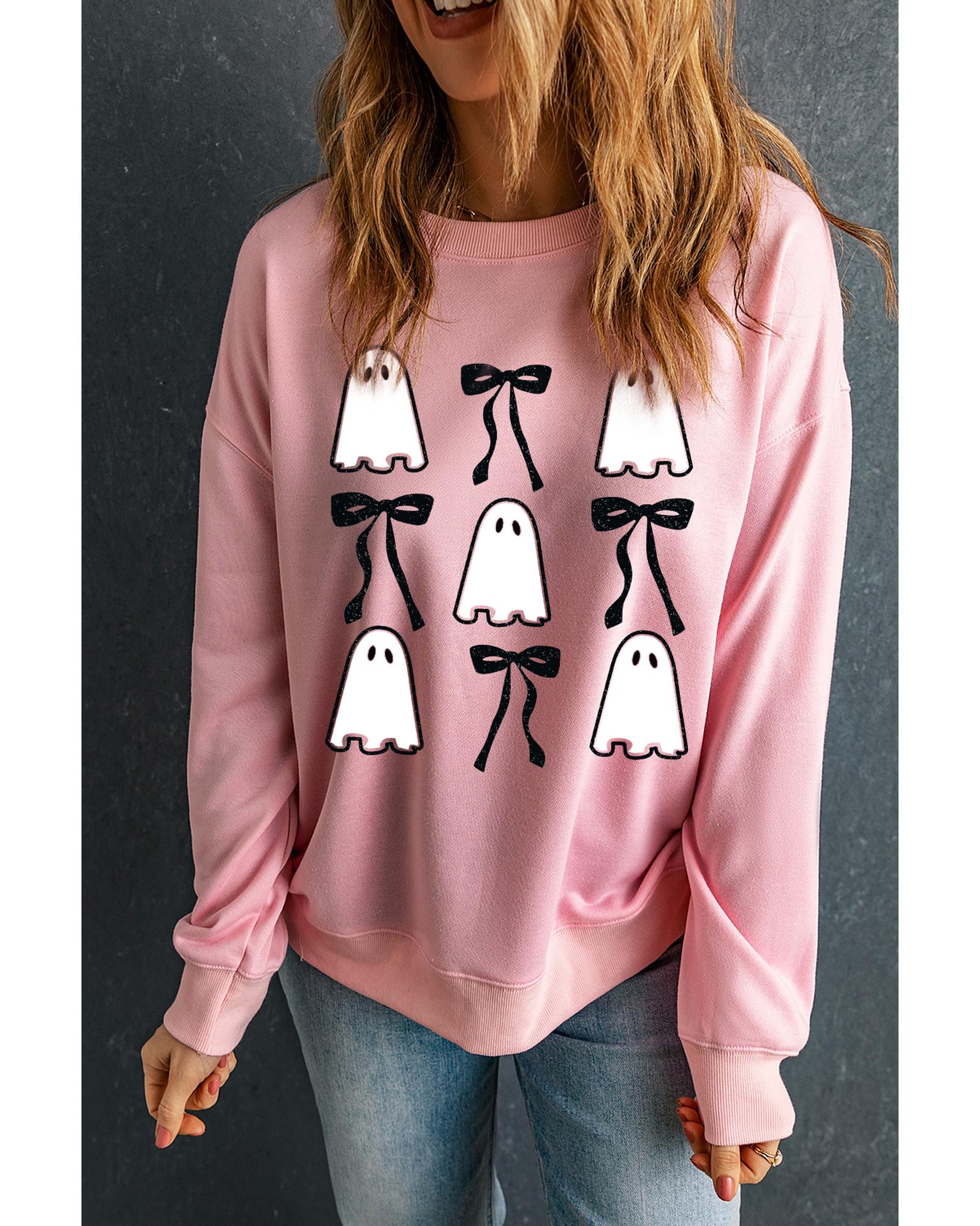 Pink Ghost Bowknot Printed Drop Shoulder Halloween Sweatshirt - Image 3