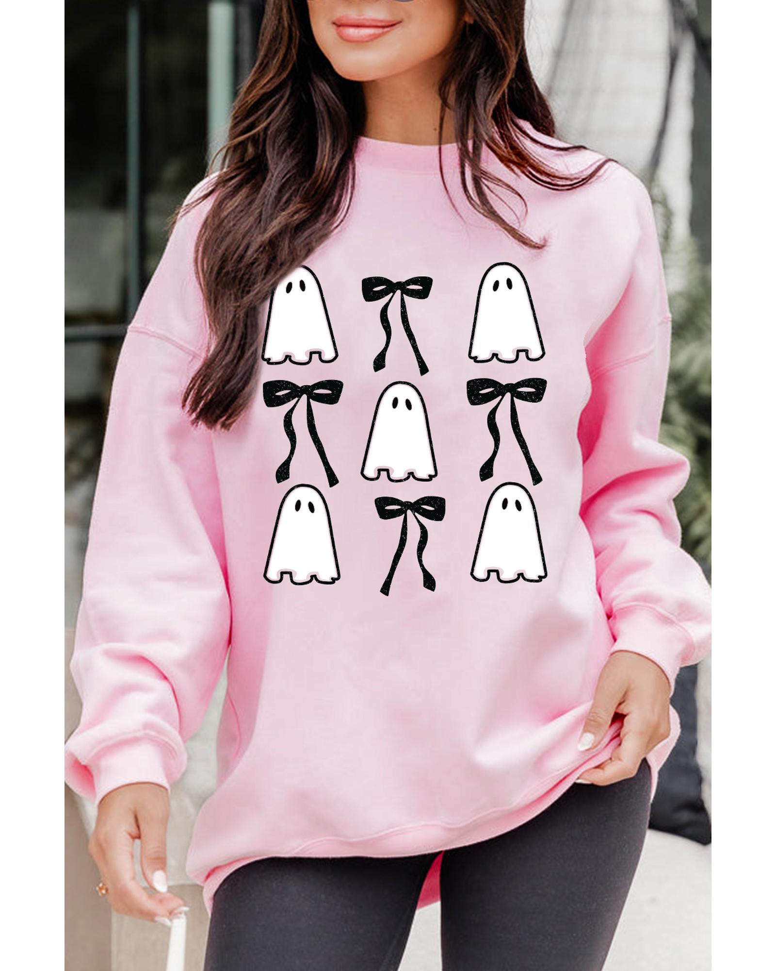 Pink Ghost Bowknot Printed Drop Shoulder Halloween Sweatshirt - Image 4