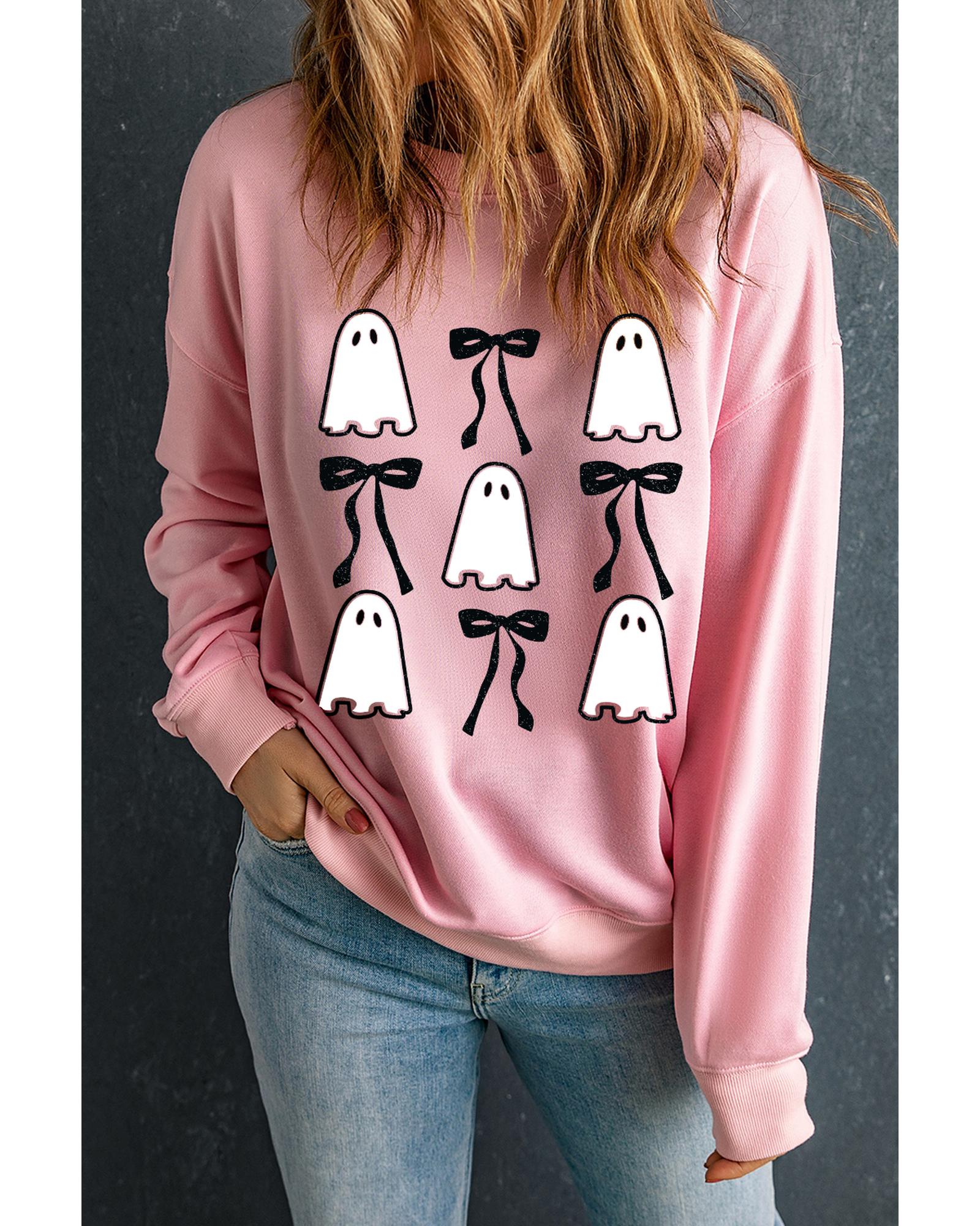 Pink Ghost Bowknot Printed Drop Shoulder Halloween Sweatshirt - Image 6