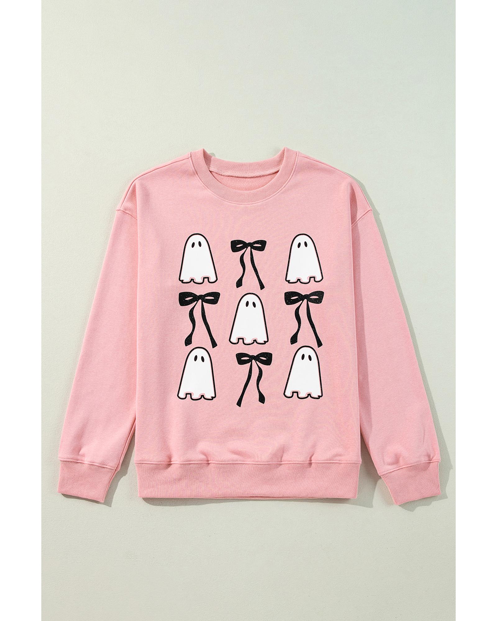 Pink Ghost Bowknot Printed Drop Shoulder Halloween Sweatshirt - Image 8