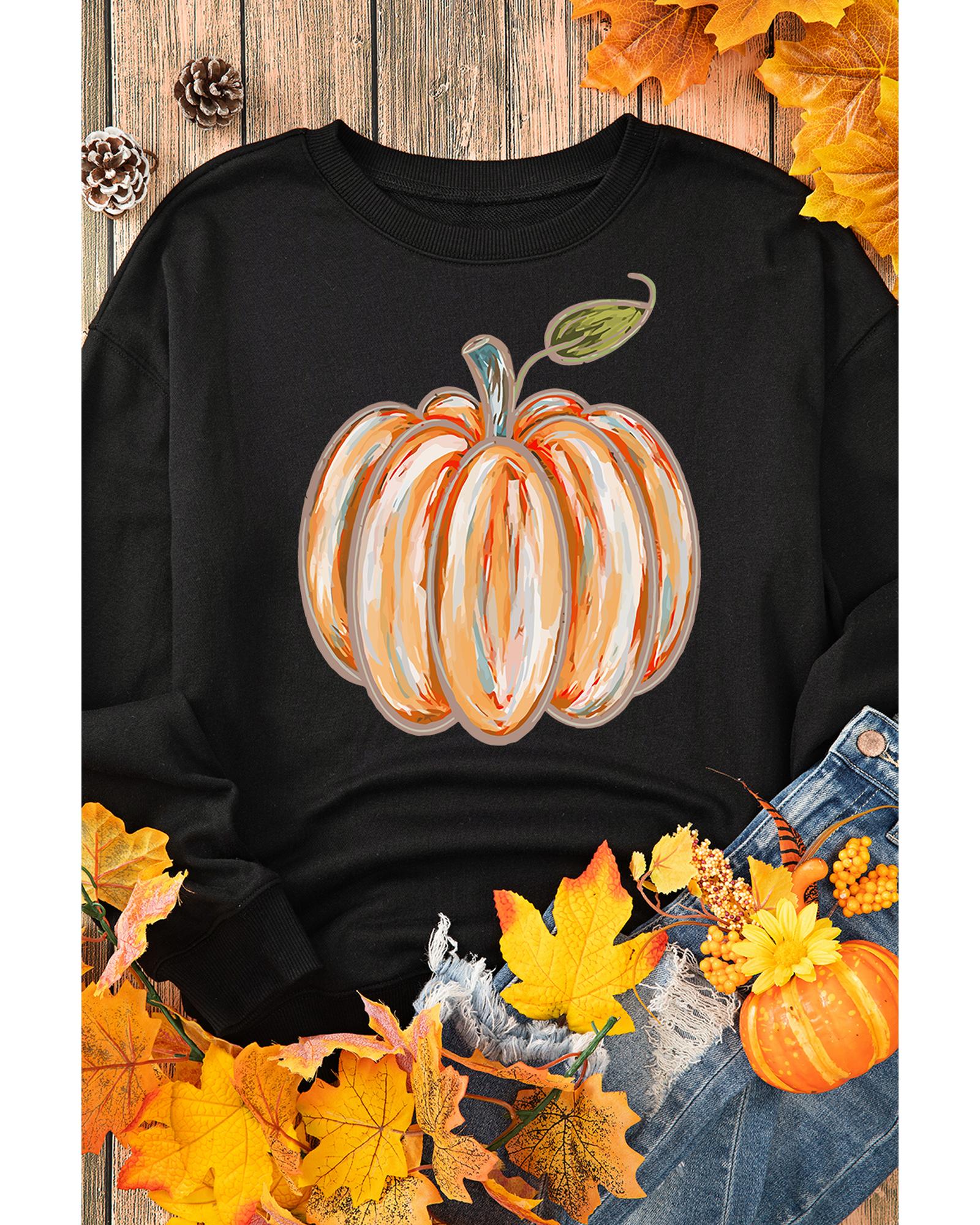 Black Thanksgiving Pumpkin Graphic Drop Shoulder Sweatshirt - Image 6