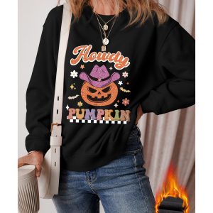 Black Halloween Howdy PUMPKIN Print Crew Neck Pullover Sweatshirt