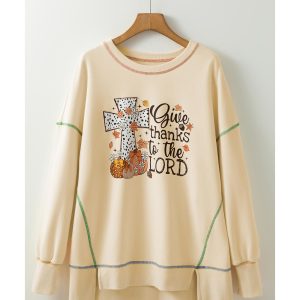 White Give Thanks to the LORD Graphic High Low Hem Loose Sweatshirt