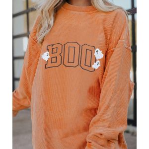 Orange Embroidered BOO Ghost Corded Halloween Sweatshirt