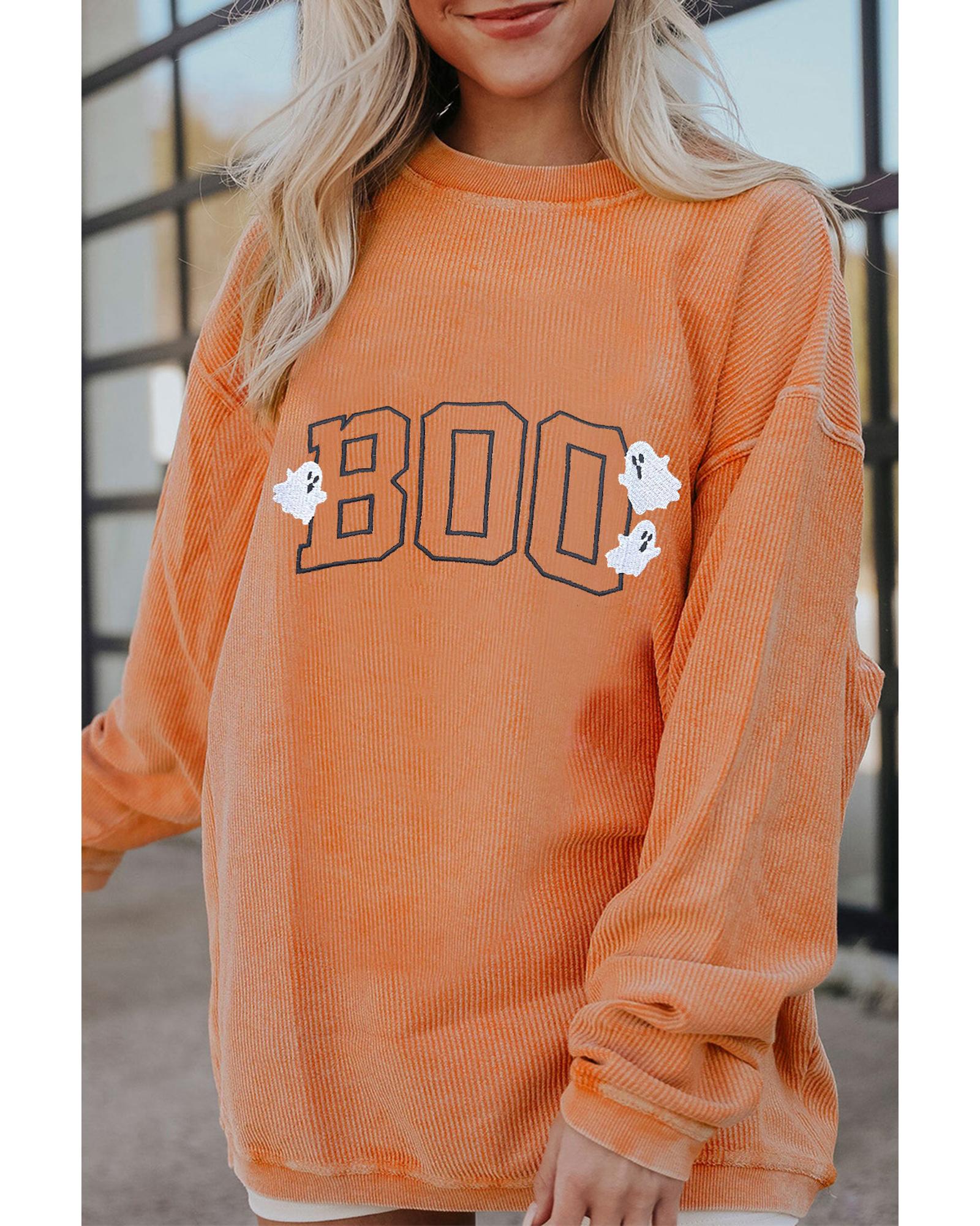 Orange Embroidered BOO Ghost Corded Halloween Sweatshirt