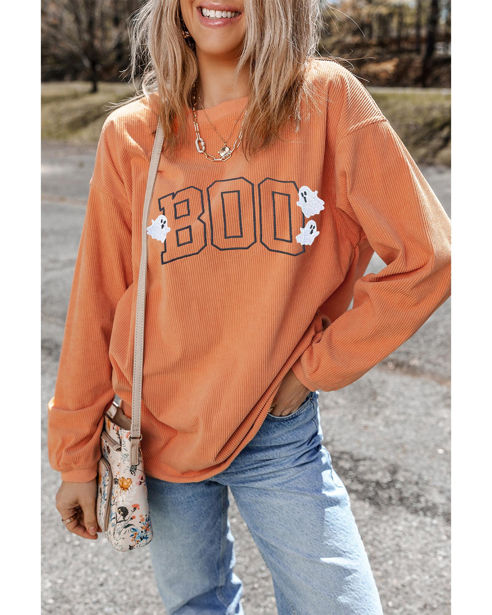 Orange Embroidered BOO Ghost Corded Halloween Sweatshirt - Image 2