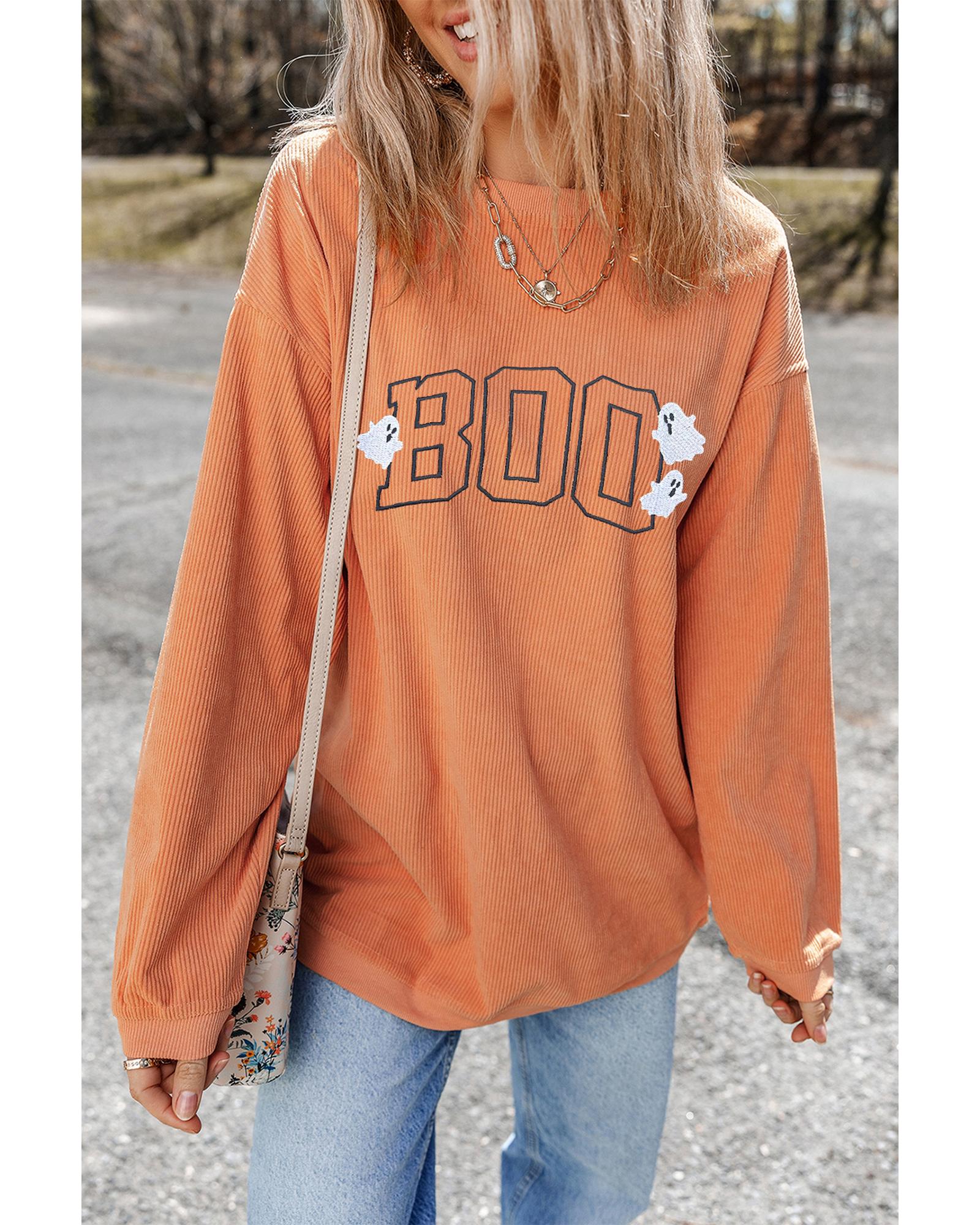 Orange Embroidered BOO Ghost Corded Halloween Sweatshirt - Image 3