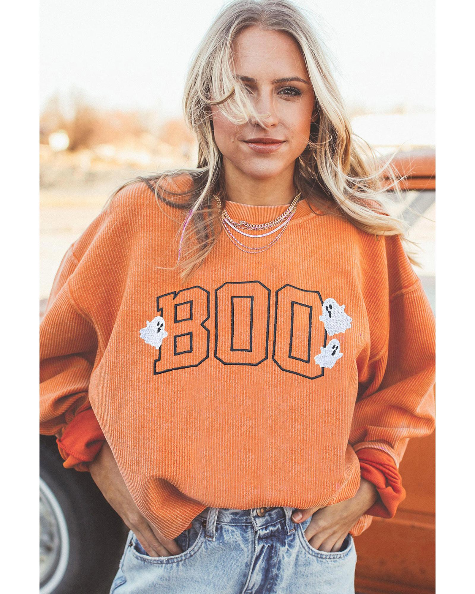 Orange Embroidered BOO Ghost Corded Halloween Sweatshirt - Image 6