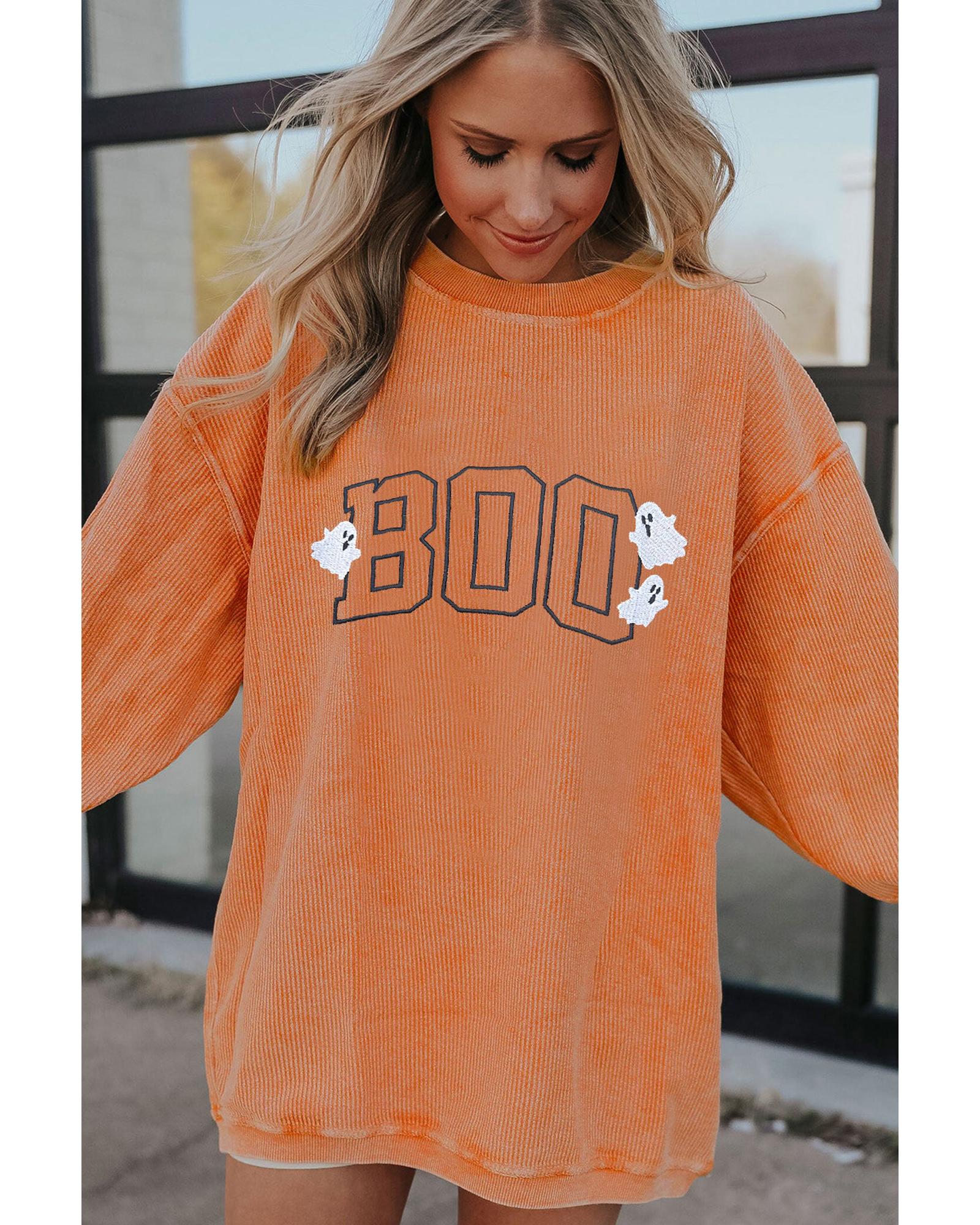 Orange Embroidered BOO Ghost Corded Halloween Sweatshirt - Image 7