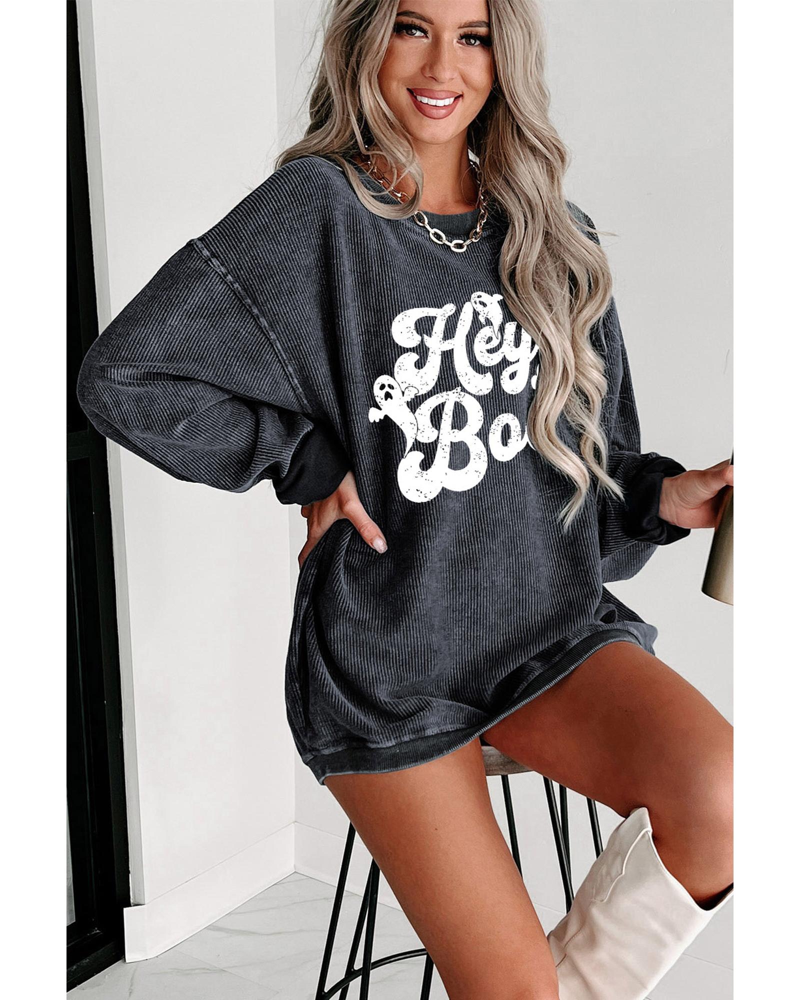 Gray Corded Hey Boo Ghost Graphic Drop Shoulder Halloween Sweatshirt