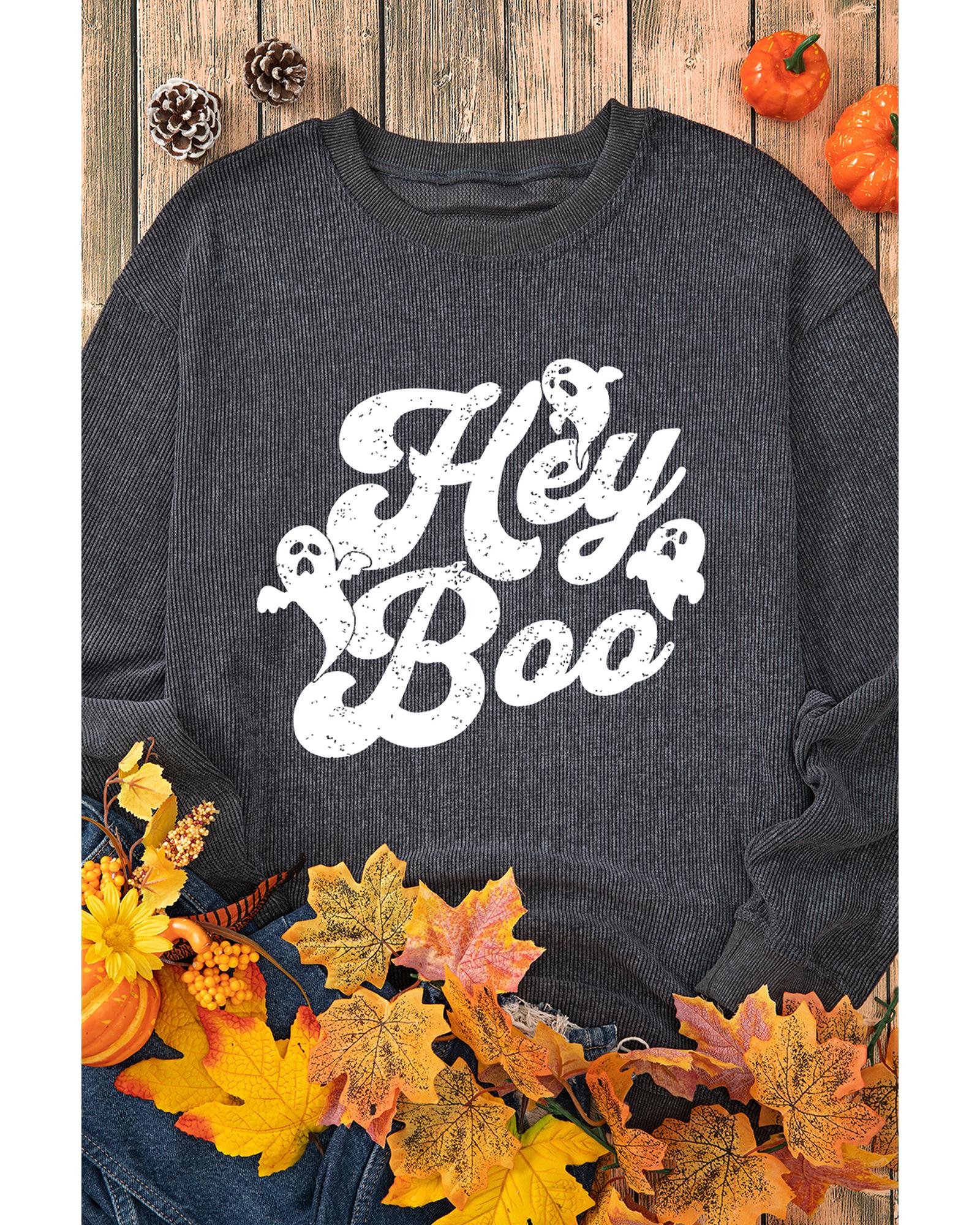 Gray Corded Hey Boo Ghost Graphic Drop Shoulder Halloween Sweatshirt - Image 2