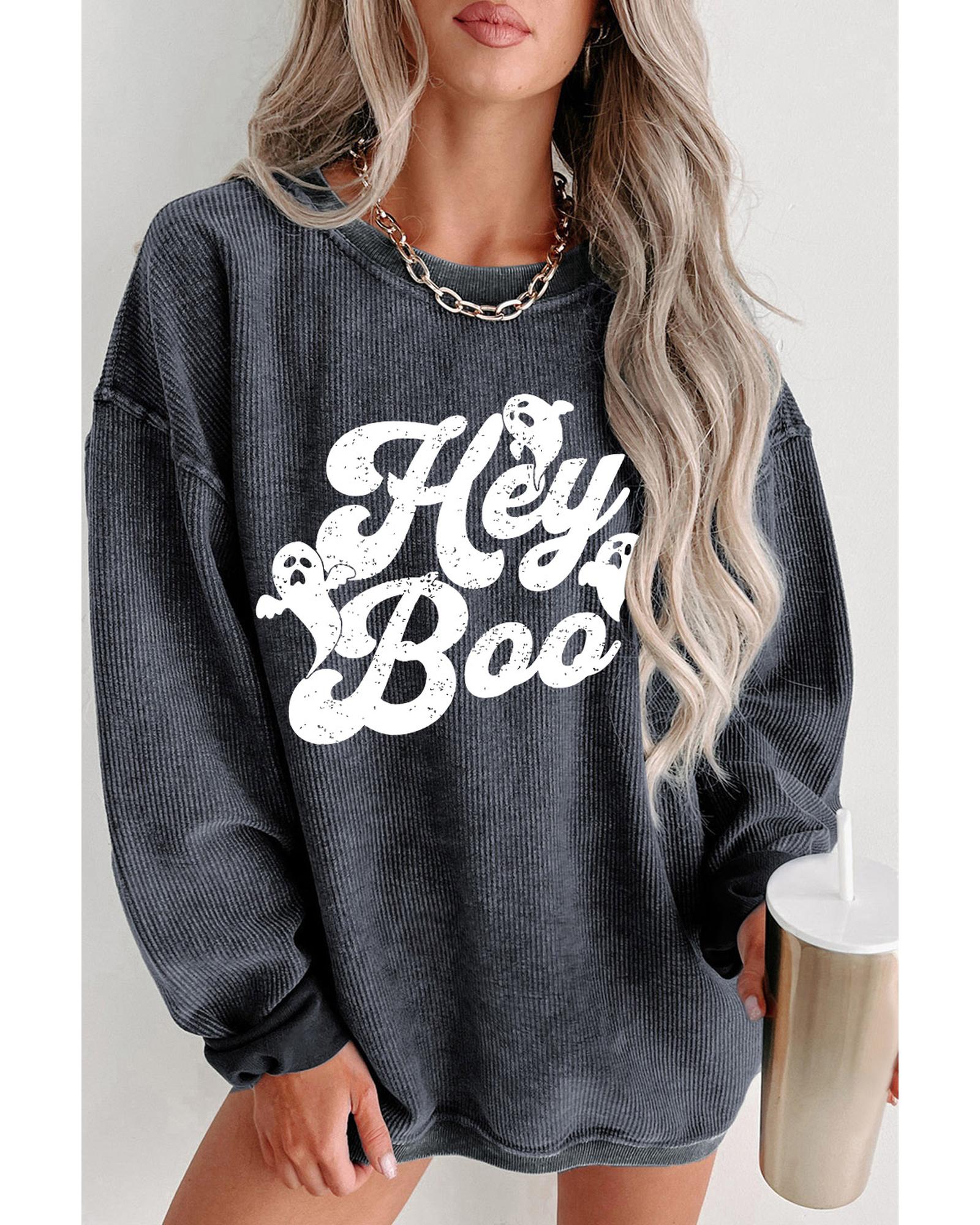 Gray Corded Hey Boo Ghost Graphic Drop Shoulder Halloween Sweatshirt - Image 3