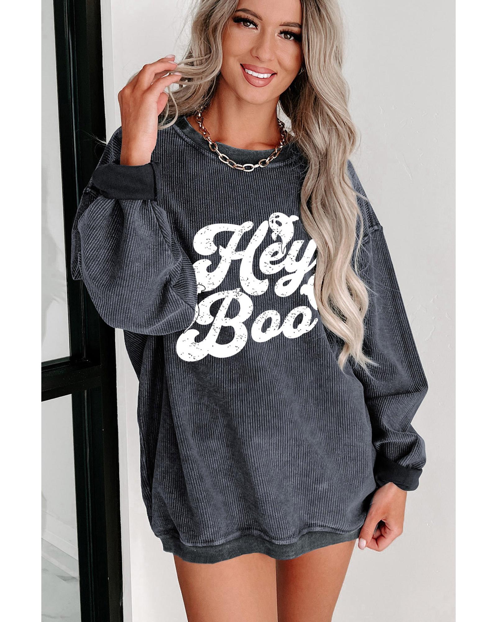 Gray Corded Hey Boo Ghost Graphic Drop Shoulder Halloween Sweatshirt - Image 4