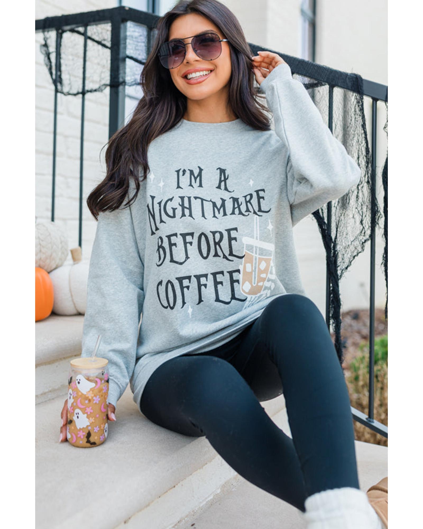 Gray I'M A NIGHTMARE BEFORE COFFEE Graphic Crewneck Sweatshirt - Image 3