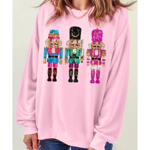 Pink Cute Nutcracker Printed Drop Shoulder Christmas Sweatshirt