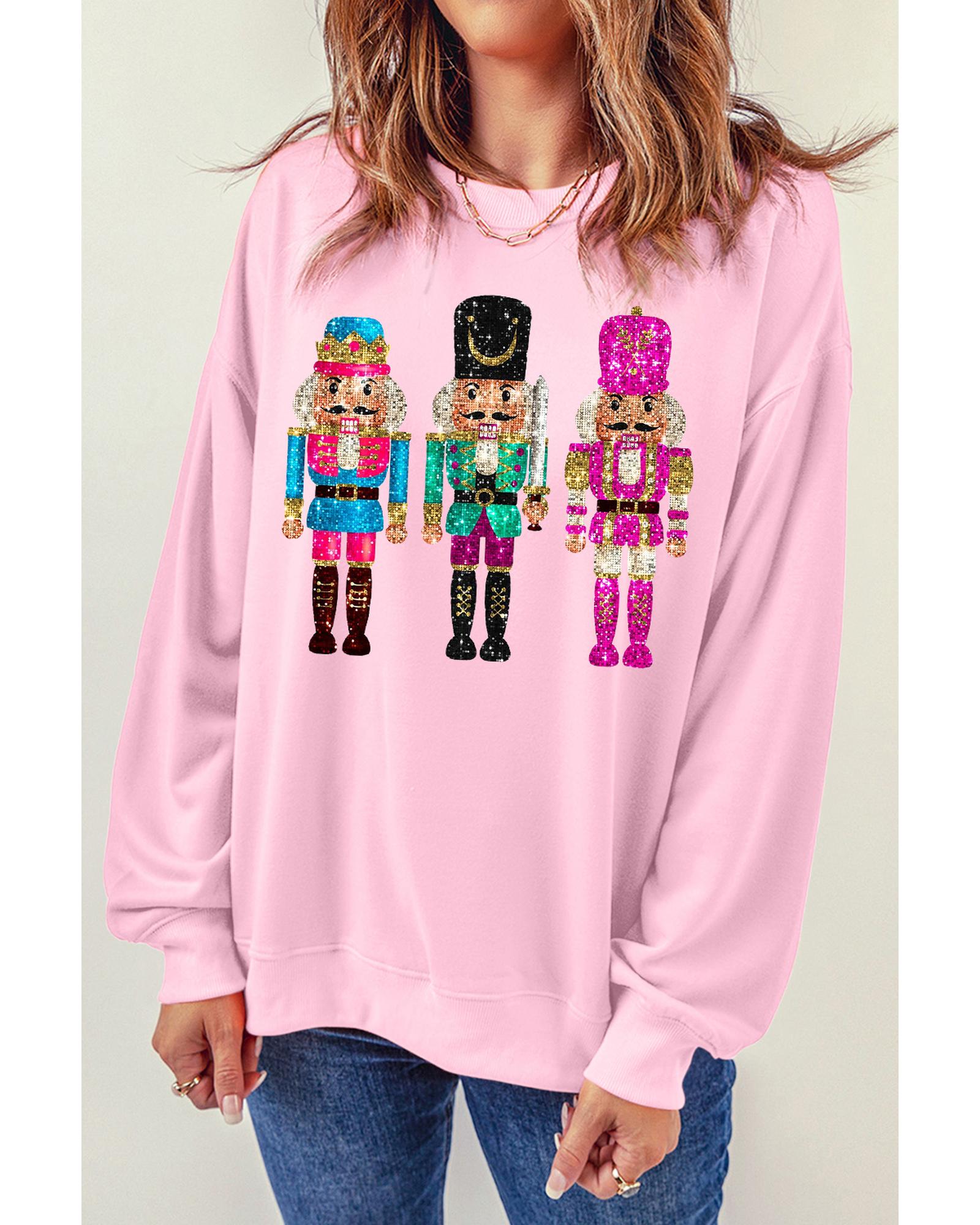 Pink Cute Nutcracker Printed Drop Shoulder Christmas Sweatshirt