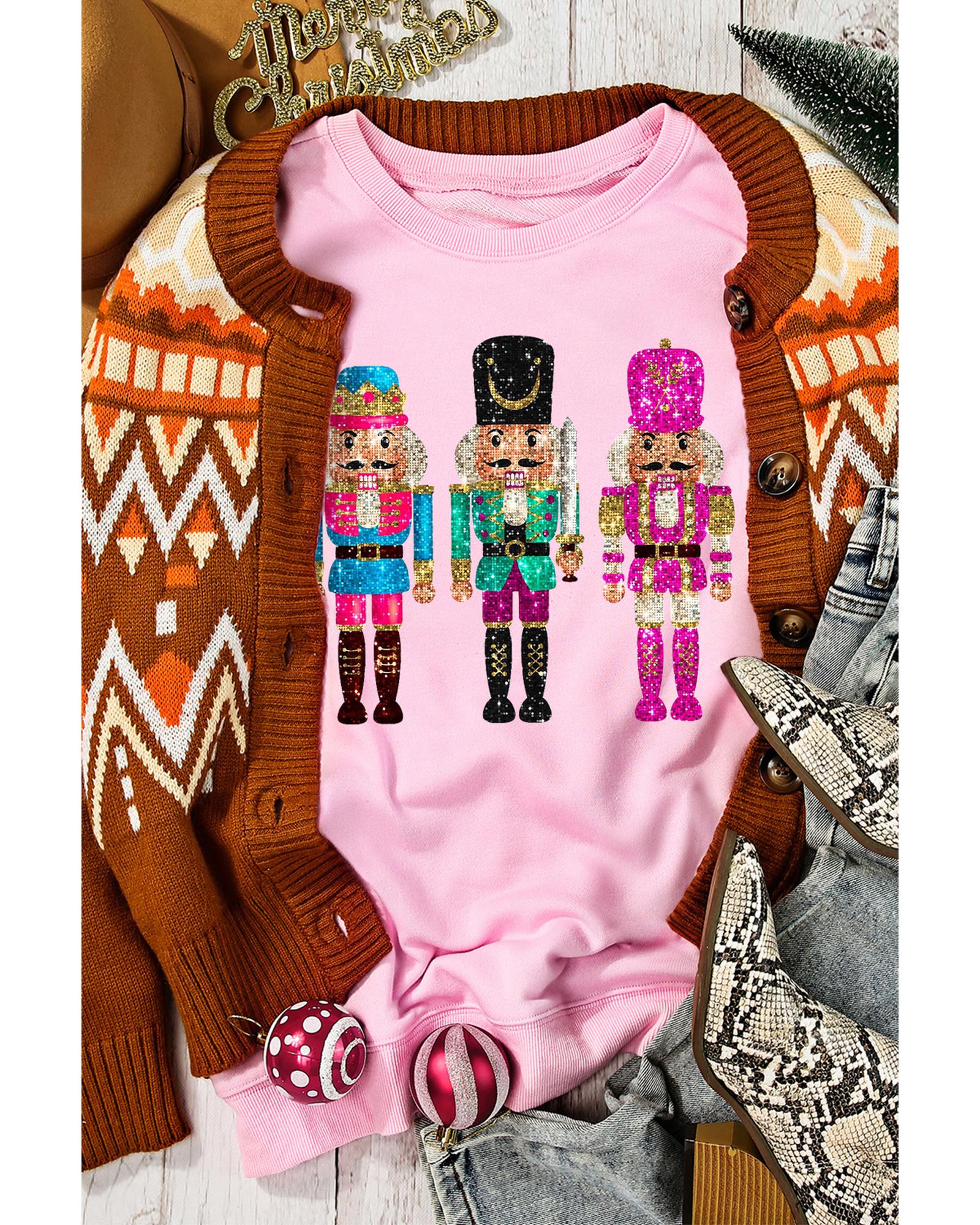 Pink Cute Nutcracker Printed Drop Shoulder Christmas Sweatshirt - Image 2