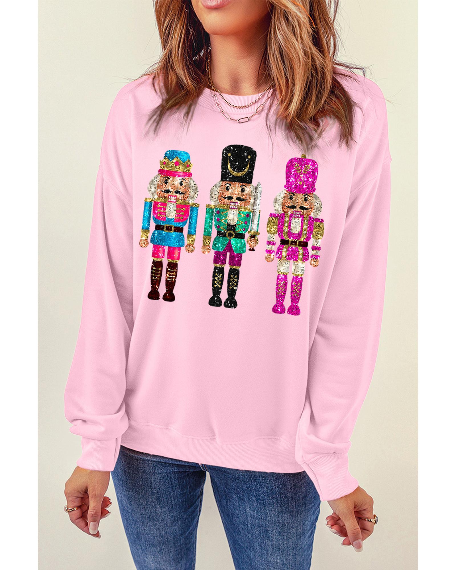 Pink Cute Nutcracker Printed Drop Shoulder Christmas Sweatshirt - Image 3