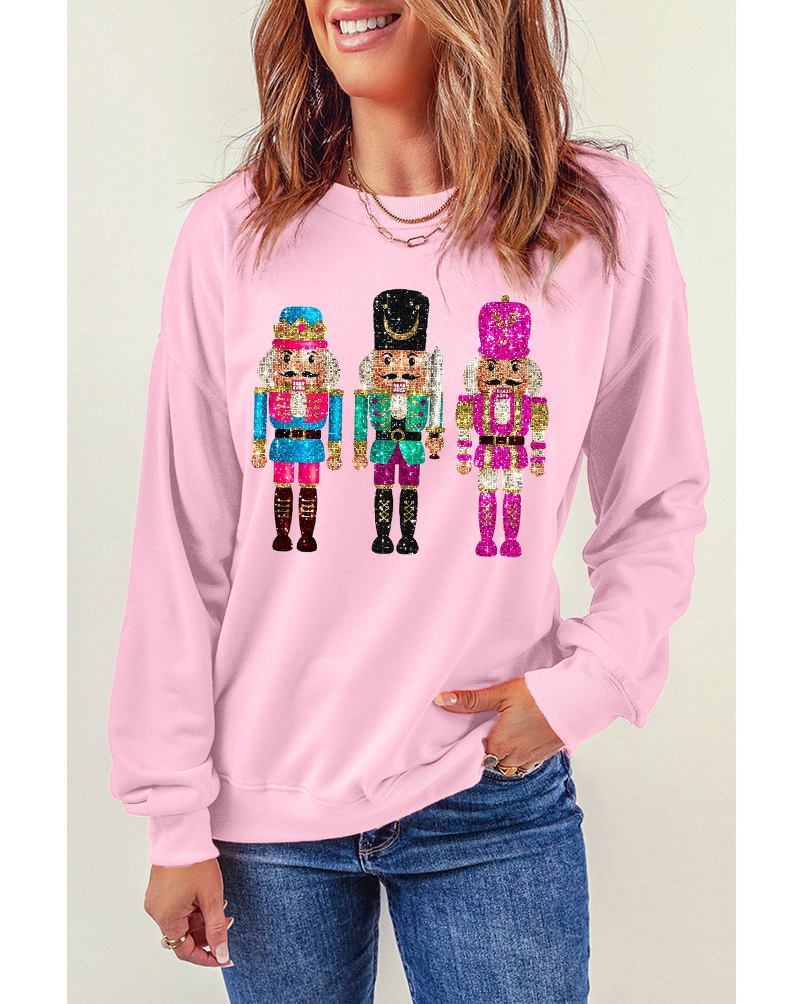 Pink Cute Nutcracker Printed Drop Shoulder Christmas Sweatshirt - Image 4