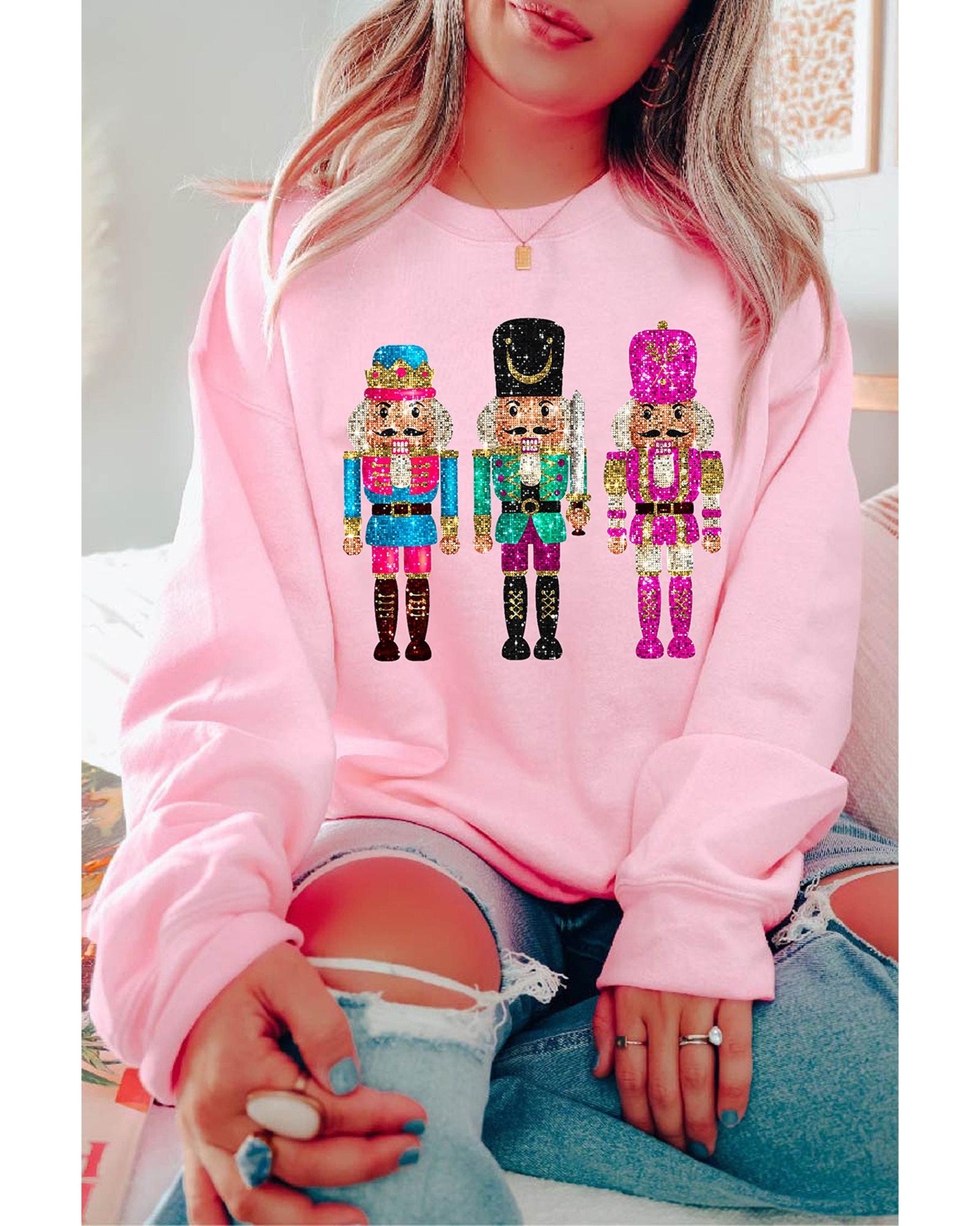 Pink Cute Nutcracker Printed Drop Shoulder Christmas Sweatshirt - Image 5