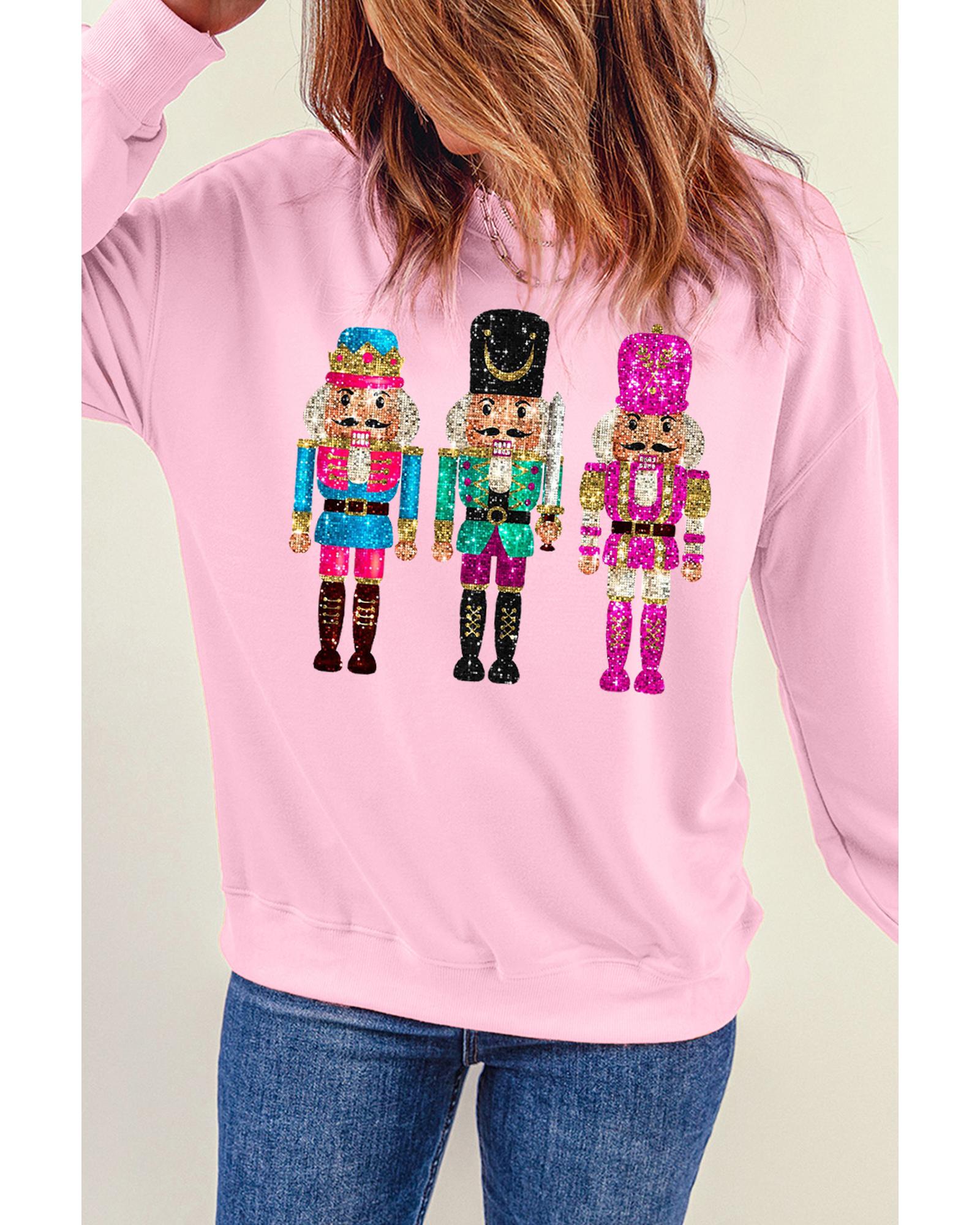 Pink Cute Nutcracker Printed Drop Shoulder Christmas Sweatshirt - Image 7