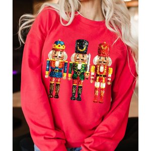 Red Christmas Metallic Nutcracker Graphic Crew Neck Sweatshirt