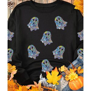 Black Glitter Ghosts Pattern Long Sleeve Halloween Sweatshirt